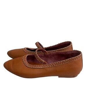 ELF Amara Handmade Leather Mary Jane Flats Tan Cognac Braided Pointed Toe 7.5